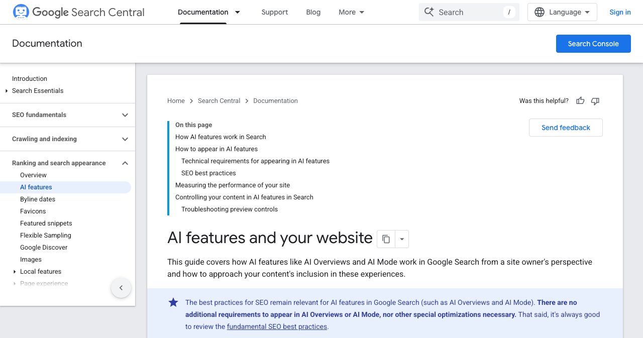 Google Search Central documentation page "AI features and your website", stating that SEO best practices still apply and that there are no additional requirements or special optimizations needed to appear in AI Overviews or AI Mode