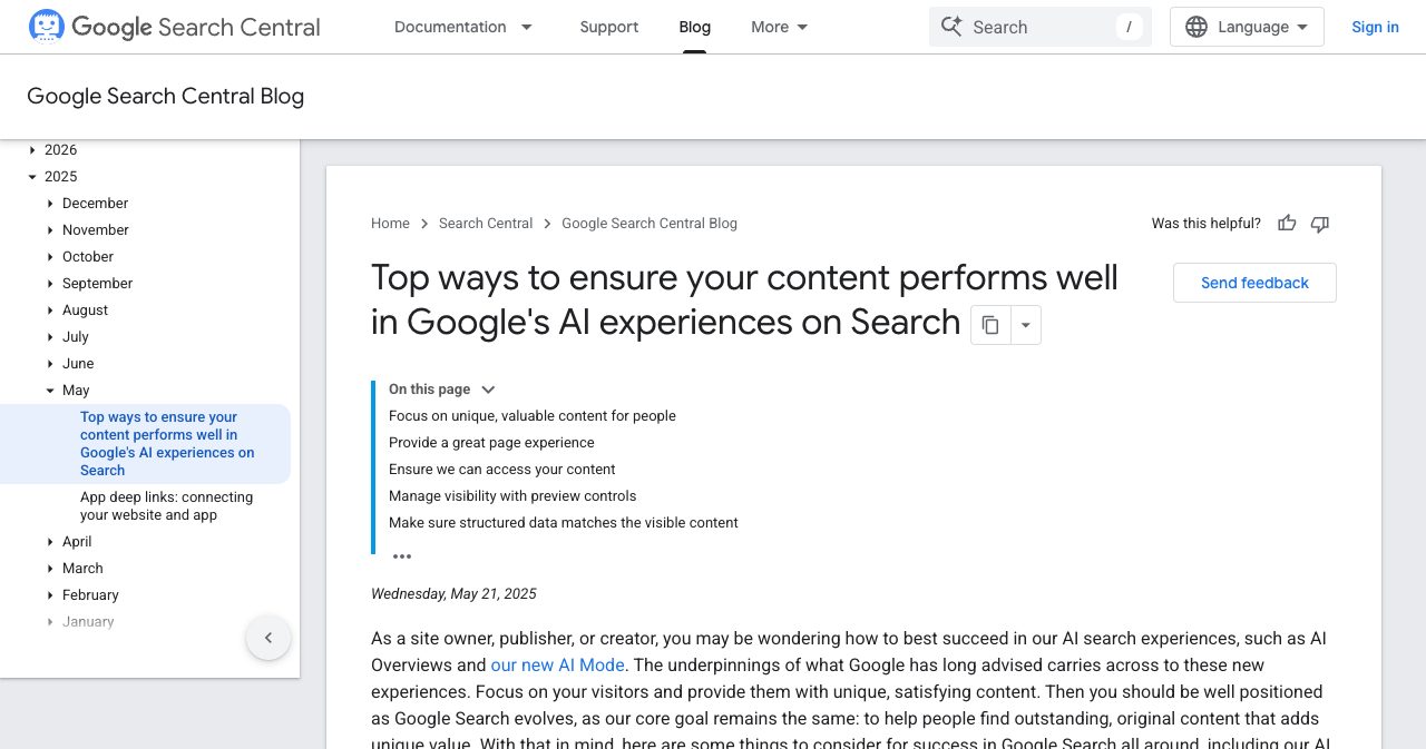 Google Search Central blog post from May 21, 2025 on making content perform well in Google's AI experiences on Search, with a contents list that includes making sure structured data matches the visible content