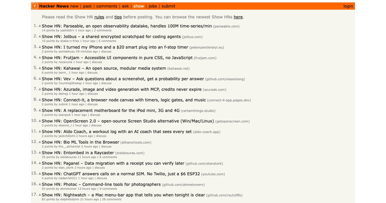 The Show HN page on Hacker News listing builder launches such as an observability datalake, a shared scratchpad for coding agents and an AI workout coach, each with its points and comment count