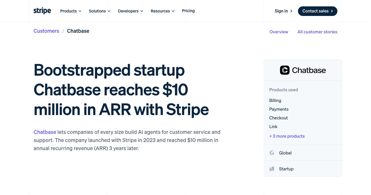 Stripe customer story headlined "Bootstrapped startup Chatbase reaches $10 million in ARR with Stripe", describing Chatbase as a builder of AI agents for customer service that launched in 2023 and reached $10 million in ARR three years later