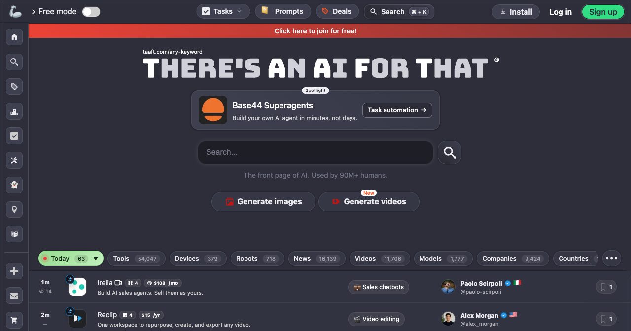 There's An AI For That homepage on October 6, 2026, with the Today tab showing 63 new listings and the Tools tab counting 54,047 AI tools, the scale of competition a new AI product launches into