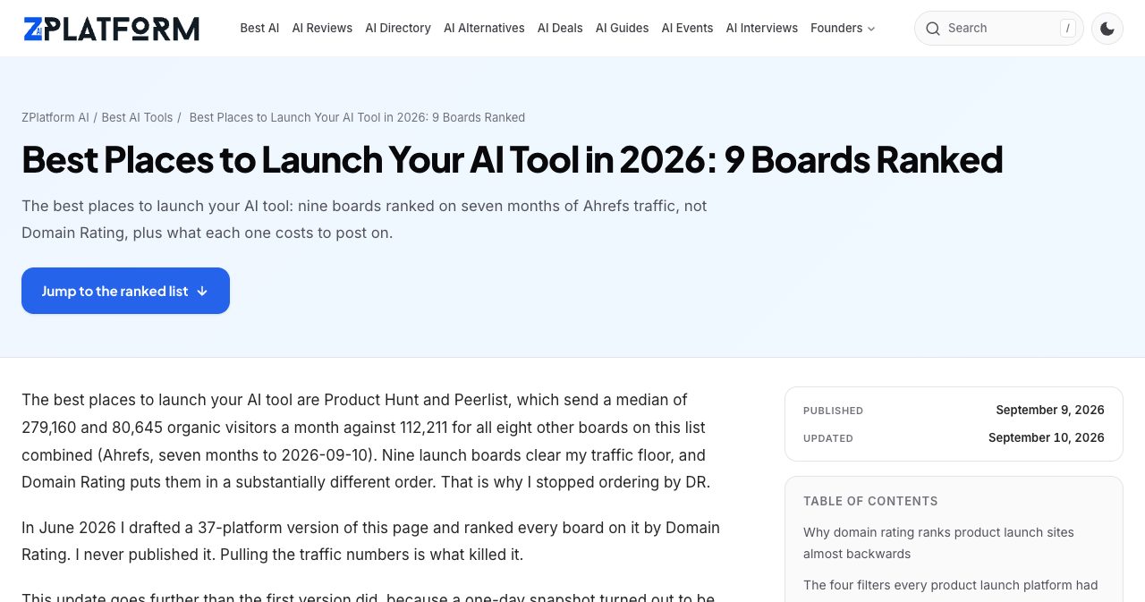 zPlatform's September 2026 ranking of nine AI launch boards, stating that Product Hunt and Peerlist get a median of 279,160 and 80,645 organic visitors a month in Ahrefs data over seven months