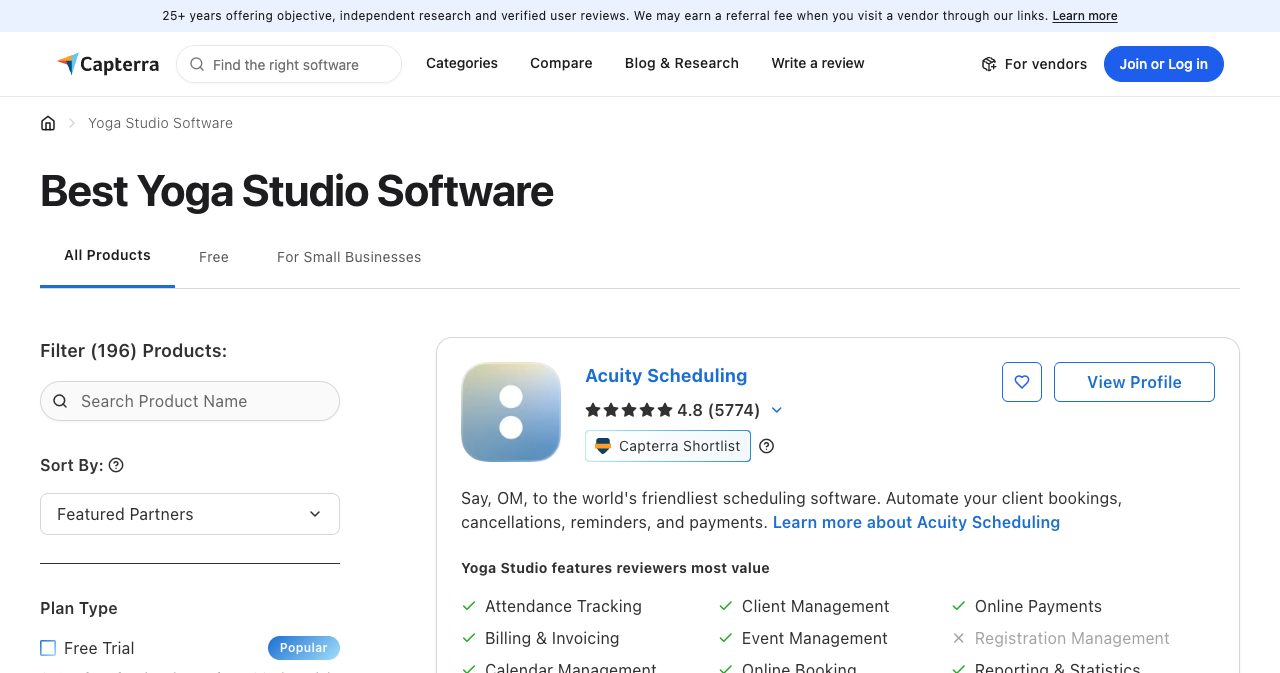 Capterra's "Best Yoga Studio Software" category page showing 196 products, with Acuity Scheduling first and Billing & Invoicing and Online Payments among the yoga studio features reviewers value most.