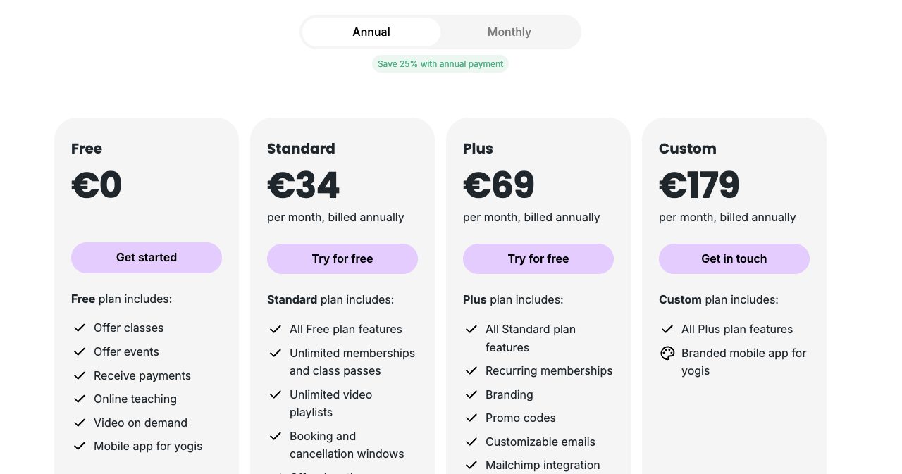 Momoyoga's pricing page showing a Free plan at €0 that includes receiving payments, and Standard at €34, Plus at €69 and Custom at €179 per month billed annually.