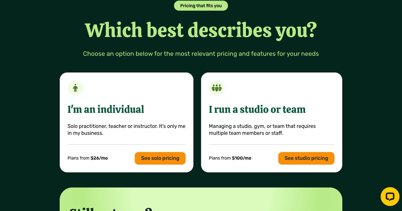 OfferingTree's pricing page asking "Which best describes you?", with plans for individual teachers from $26 a month and for studios or teams from $100 a month.