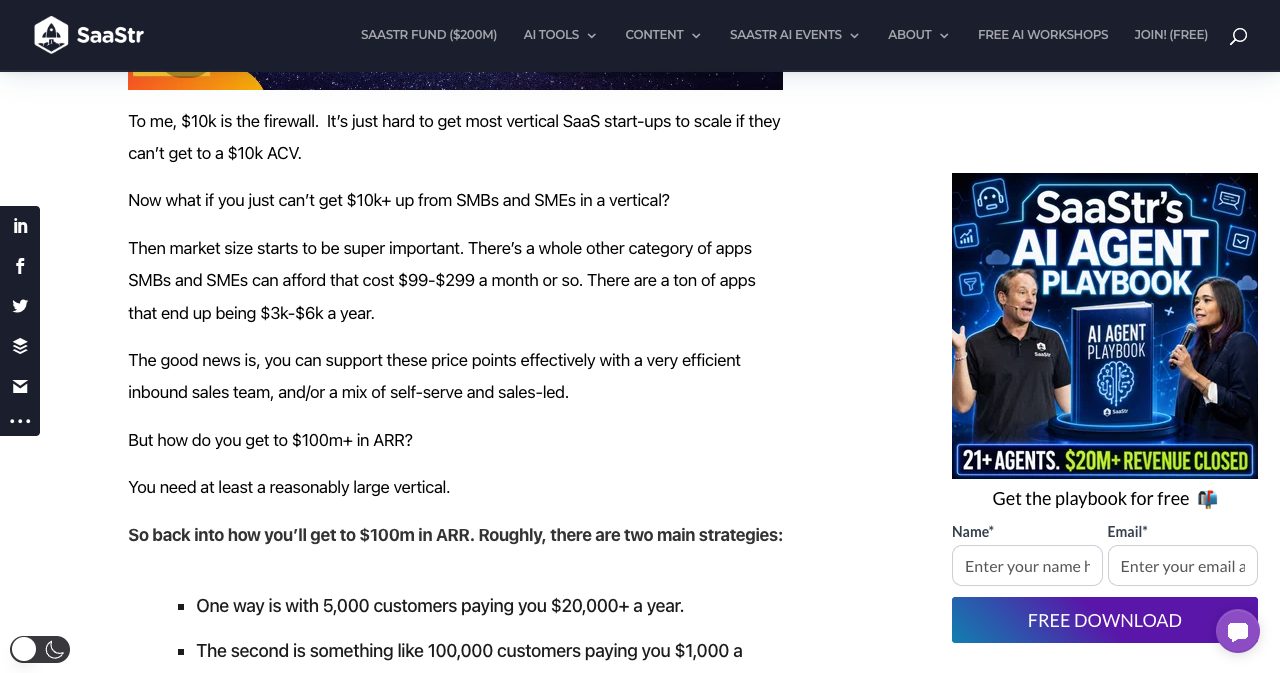 Jason Lemkin's SaaStr post on vertical SaaS market size, explaining that $10k a year is the firewall for scaling a vertical SaaS startup and that apps priced at $99 to $299 a month depend far more on market size.