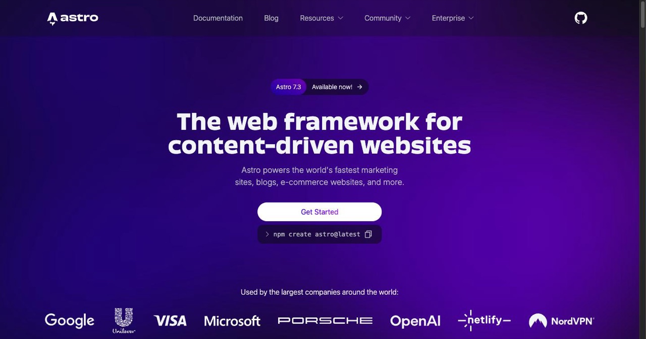 The Astro framework homepage, the server-rendered HTML-first web framework used for the rebuild that replaced the failed React form and doubled completions