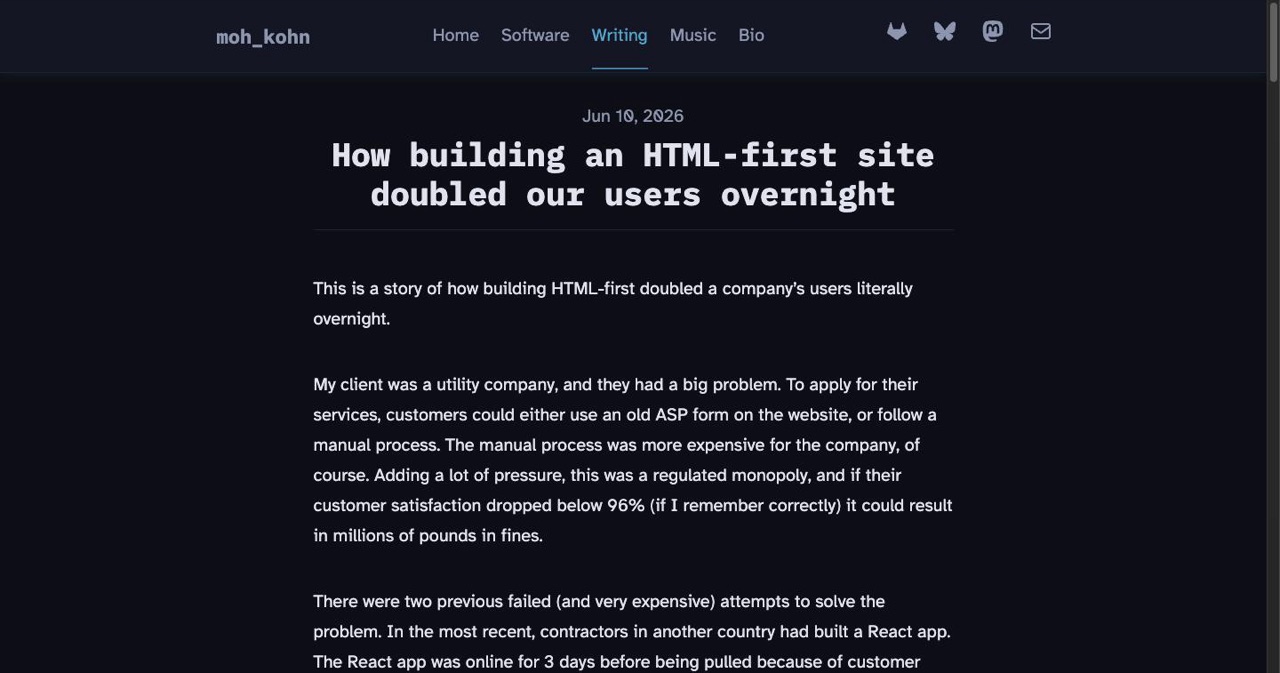 Alistair Davidson's June 2026 write-up on building HTML-first, the primary source for the regulated utility company case study where an Astro rebuild of a pulled React form doubled completion rates