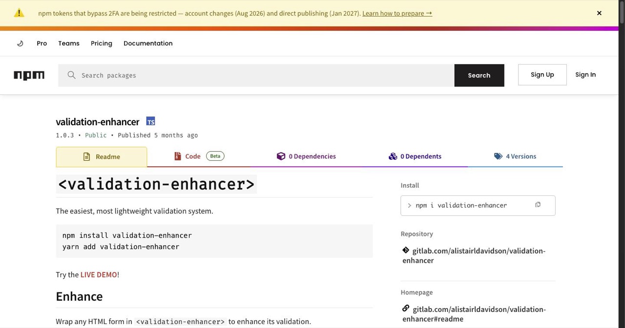 The npm page for validation-enhancer, the sub-1KB package Alistair Davidson published from the case study that wraps plain HTML forms, sets ARIA error attributes and falls back to browser validation