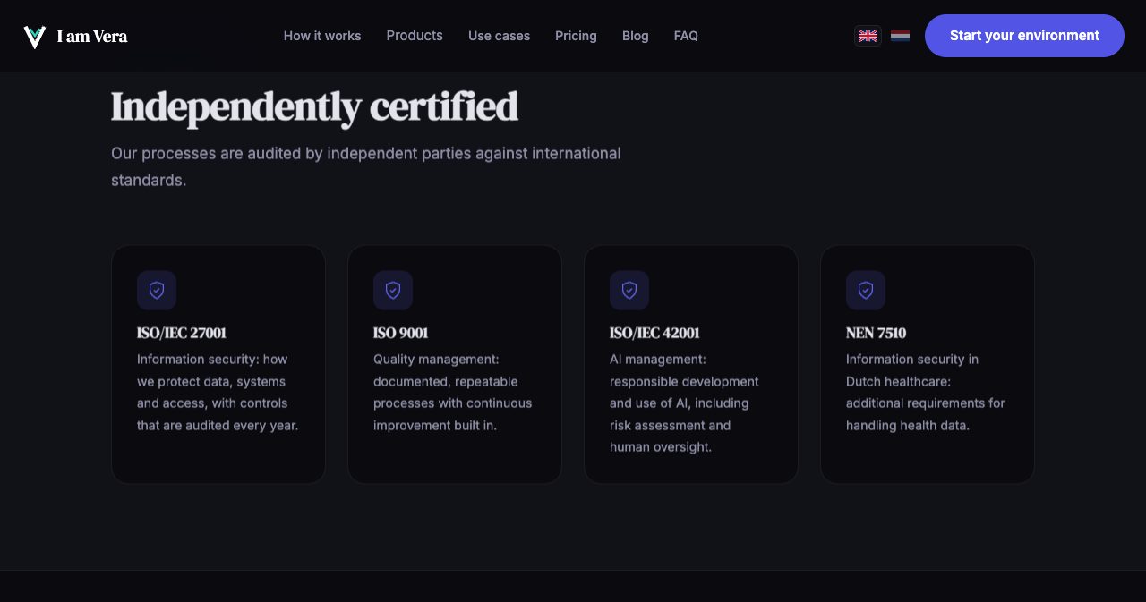 IamVERA certifications section headed 'Independently certified', listing ISO/IEC 27001 for information security, ISO 9001 for quality management, ISO/IEC 42001 for AI management and NEN 7510 for information security in Dutch healthcare