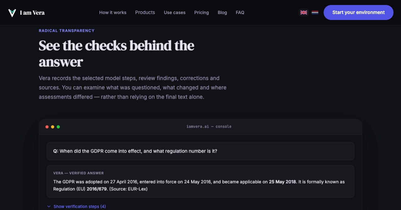The IamVERA console mock-up: the question 'When did the GDPR come into effect, and what regulation number is it?' with Vera's verified answer giving the adoption, entry-into-force and application dates, Regulation (EU) 2016/679, the EUR-Lex source and a 'Show verification steps (4)' toggle