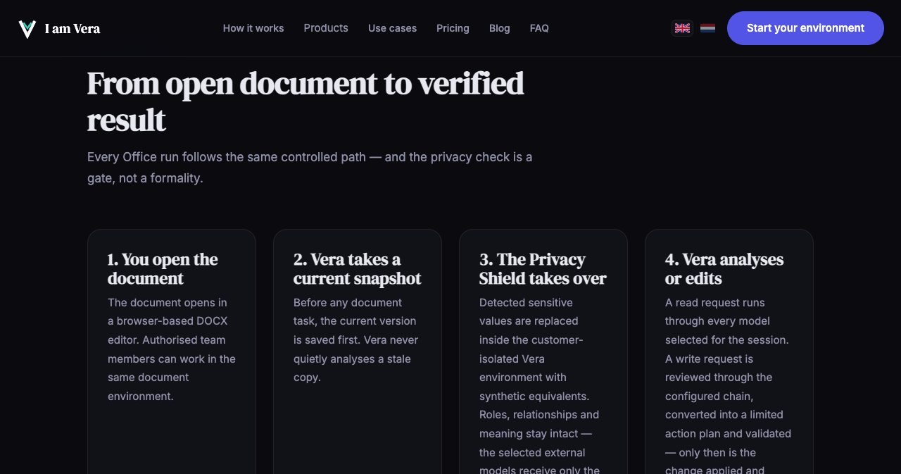 Vera Office page hero: 'AI that works safely inside your document', explaining that Vera can summarise, review or edit a document in the browser, that content is shielded before external AI processing and that changes run through a separate, controlled write route