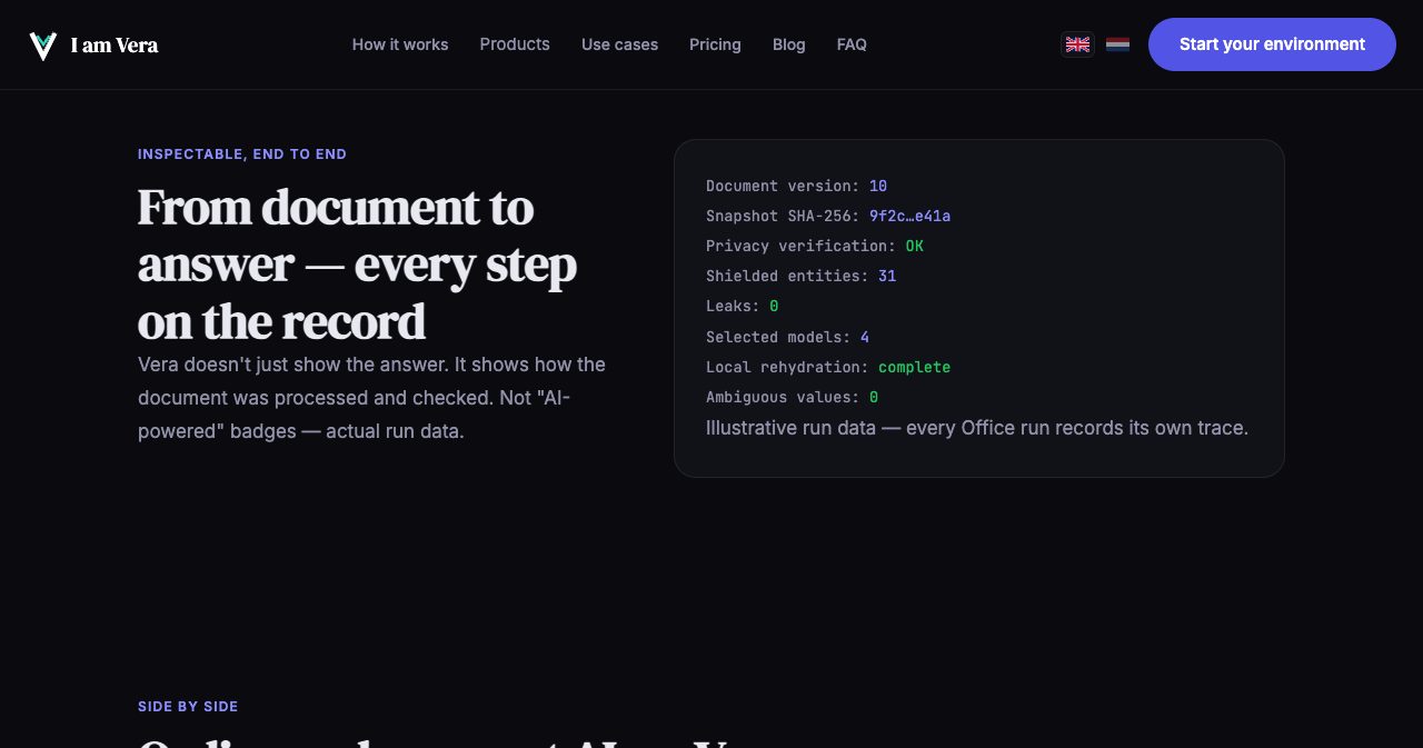 Vera Office run trace showing document version 10, a SHA-256 snapshot hash, privacy verification OK, 31 shielded entities, 0 leaks, 4 selected models, local rehydration complete and 0 ambiguous values, labelled as illustrative run data