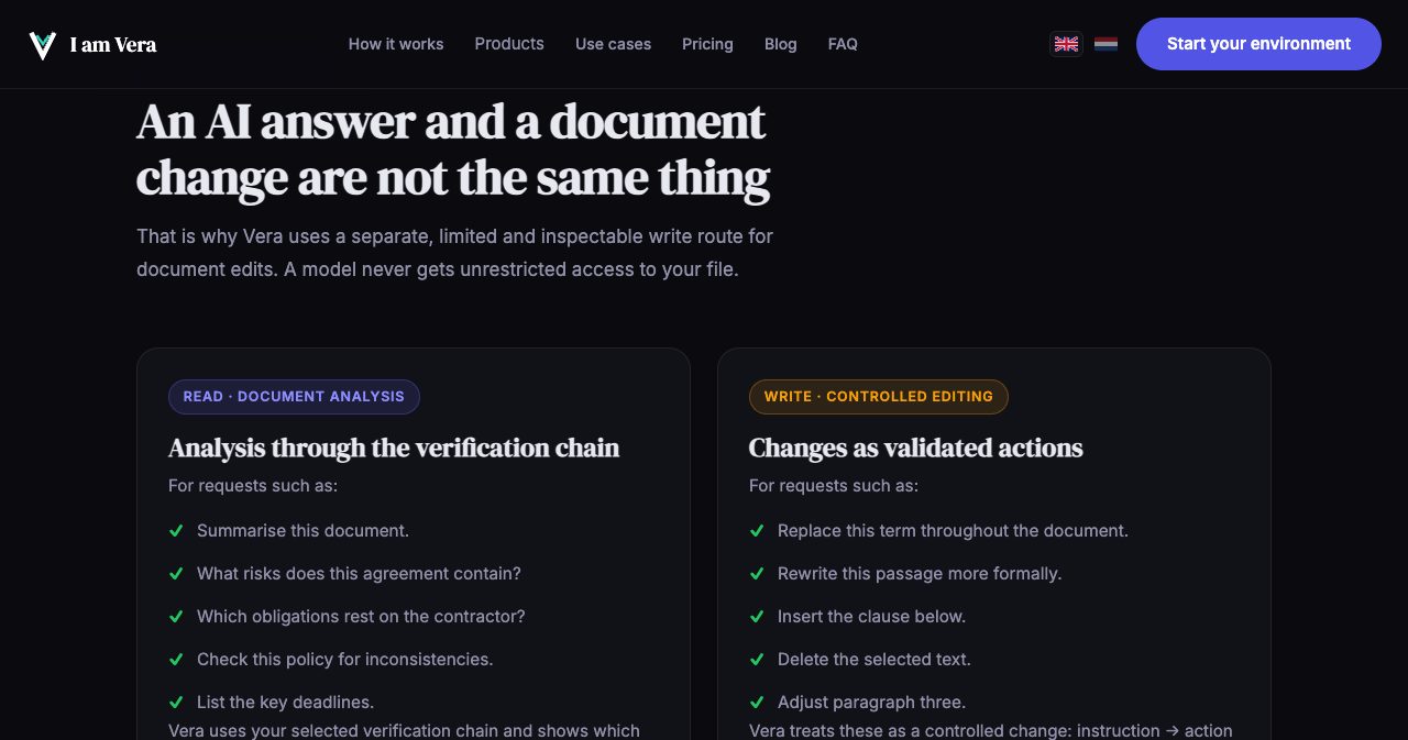 Vera Office 'Two routes, by design' section: read requests such as 'Summarise this document' and 'What risks does this agreement contain?' go through the verification chain, while write requests such as 'Replace this term throughout the document' and 'Insert the clause below' become validated actions