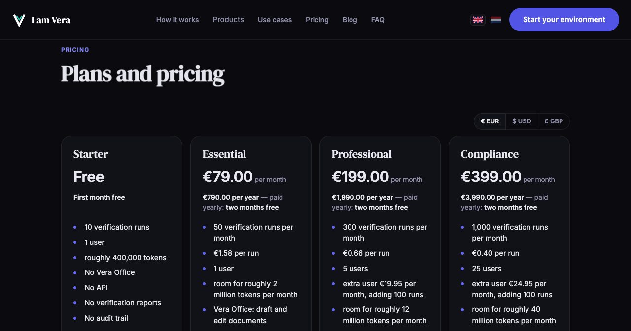 IamVERA pricing grid with EUR, USD and GBP toggles: Starter free for the first month with 10 runs, Essential at €79 per month with 50 runs, Professional at €199 per month with 300 runs and 5 users, and Compliance at €399 per month with 1,000 runs and 25 users