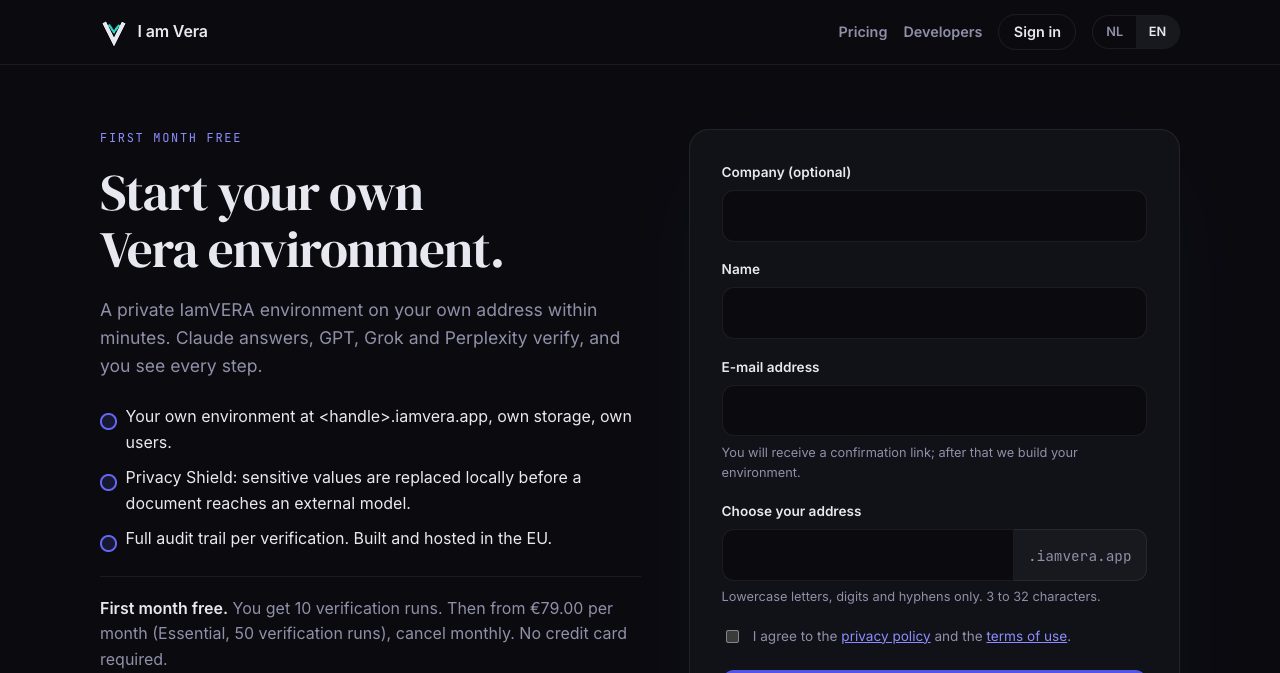 IamVERA sign-up page 'Start your own Vera environment', listing your own environment at a handle.iamvera.app address with its own storage and users, the Privacy Shield and a full audit trail per verification, next to a form for company, name, email and address