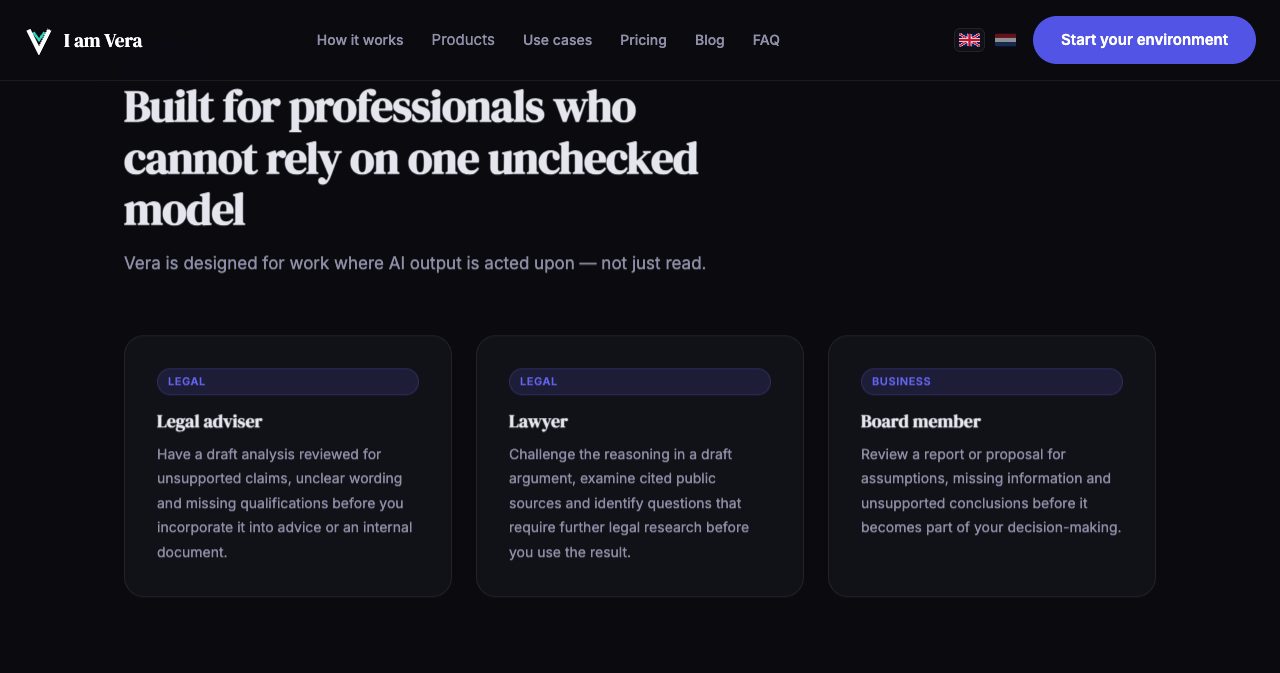 IamVERA use cases headed 'Built for professionals who cannot rely on one unchecked model', with cards for legal adviser, lawyer and board member describing reviews of draft analyses, arguments and board reports
