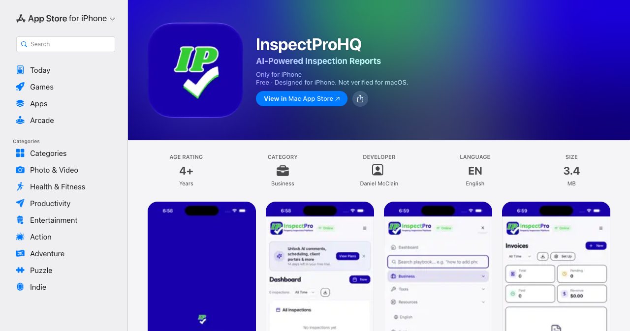 The InspectProHQ listing on the App Store for iPhone, subtitled AI-Powered Inspection Reports, free and designed for iPhone, with a 4+ age rating, the Business category, developer Daniel McClain, English and a 3.4 MB download size, above app screenshots of the dashboard, the menu and the invoices screen