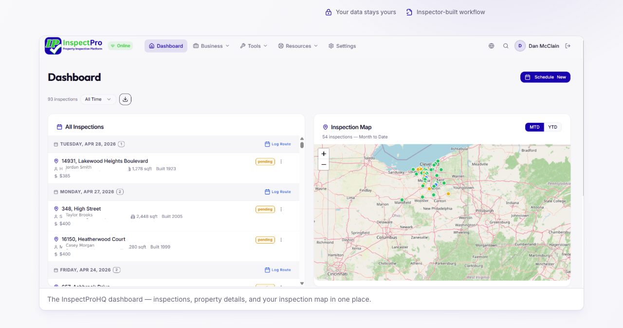 The InspectProHQ dashboard with Dashboard, Business, Tools, Resources and Settings menus and an Online badge, a list of upcoming inspections grouped by date with addresses, $385 and $400 fees and pending tags, and an Inspection Map of Northeast Ohio showing 54 inspections month to date