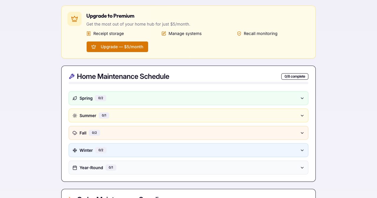 A sample InspectProHQ HomeOwner Hub with an Upgrade to Premium card offering receipt storage, system management and recall monitoring for $5 a month, above a Home Maintenance Schedule split into Spring, Summer, Fall, Winter and Year-Round tasks, 0 of 8 complete
