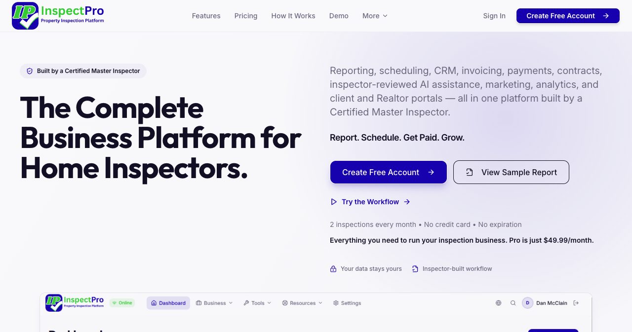 The InspectProHQ homepage with the headline The Complete Business Platform for Home Inspectors, a Built by a Certified Master Inspector badge, Create Free Account and View Sample Report buttons, a Try the Workflow link and the lines 2 inspections every month, No credit card, No expiration and Pro is just $49.99/month