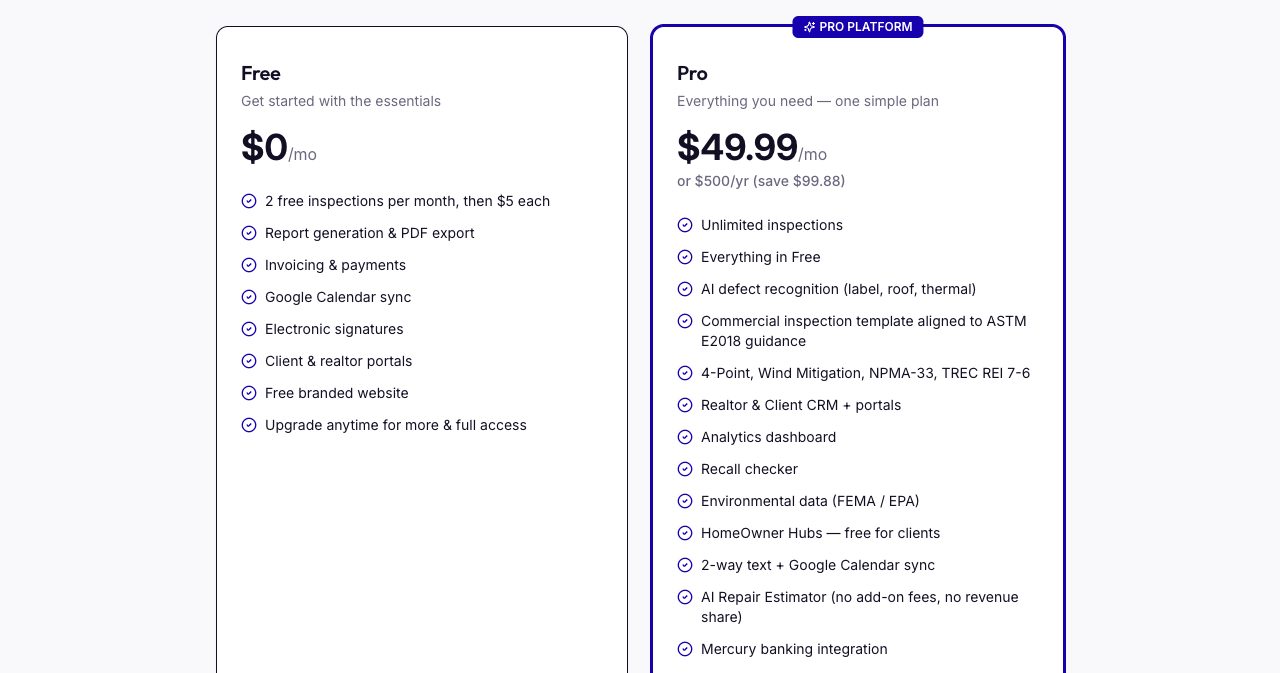 The Free and Pro plan cards on InspectProHQ's pricing page: Free at $0 a month with 2 free inspections per month then $5 each, report generation and PDF export, invoicing and payments, Google Calendar sync, electronic signatures, client and realtor portals and a free branded website, and Pro at $49.99 a month or $500 a year, saving $99.88, with unlimited inspections, AI defect recognition for labels, roofs and thermal images, a commercial template aligned to ASTM E2018 guidance, 4-Point, Wind Mitigation, NPMA-33 and TREC REI 7-6 templates, CRM and portals, analytics, a recall checker, FEMA and EPA data, HomeOwner Hubs, 2-way text, an AI repair estimator and Mercury banking