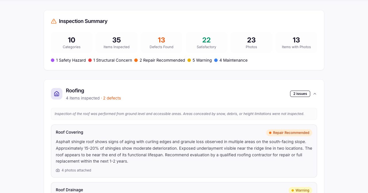 The client report view in the InspectProHQ demo, with an Inspection Summary of 10 categories, 35 items inspected, 13 defects found, 22 satisfactory, 23 photos and 13 items with photos, a breakdown of 1 safety hazard, 1 structural concern, 2 repair recommended, 5 warning and 4 maintenance, and a Roofing section with a limitation note and a Roof Covering finding marked Repair Recommended with 4 photos attached