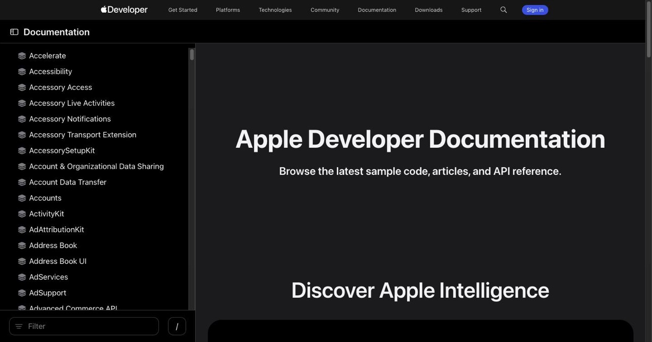 Apple Developer Documentation homepage listing SwiftUI, UIKit and framework references, the documentation set Xcode 26.3 agentic coding agents can read directly while building and testing iOS projects