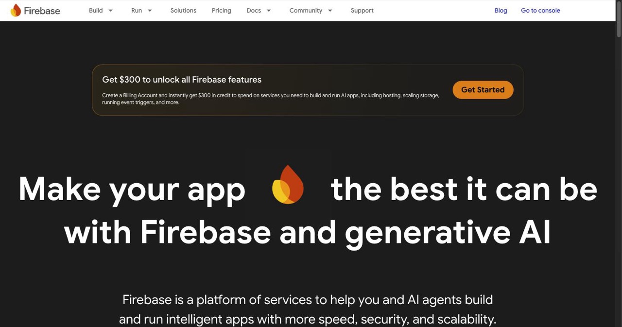 Firebase homepage presenting its backend platform with authentication, Firestore, cloud functions and analytics, the free Spark tier that covers indie iOS apps from zero to 10,000 users