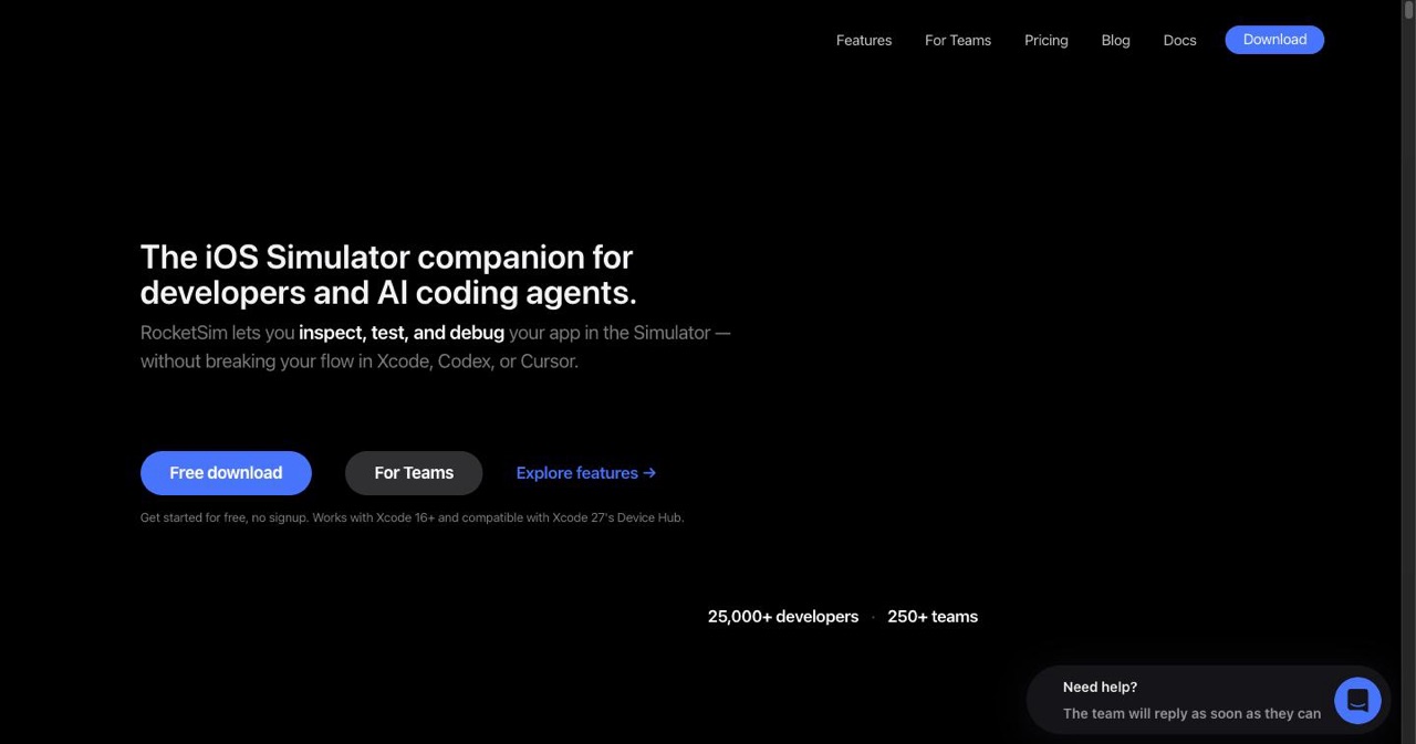 RocketSim homepage showing its Xcode Simulator enhancement with network throttling, push notification testing and design comparison overlays, the tool developers report makes testing up to 2x faster