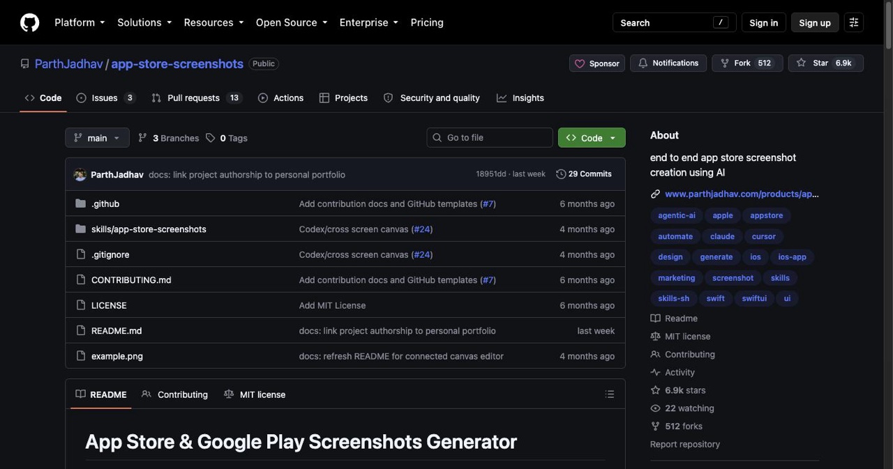 GitHub repo ParthJadhav/app-store-screenshots, an AI agent skill for Claude Code, Cursor, and Windsurf that scaffolds a Next.js project and exports PNGs at all four required Apple sizes.