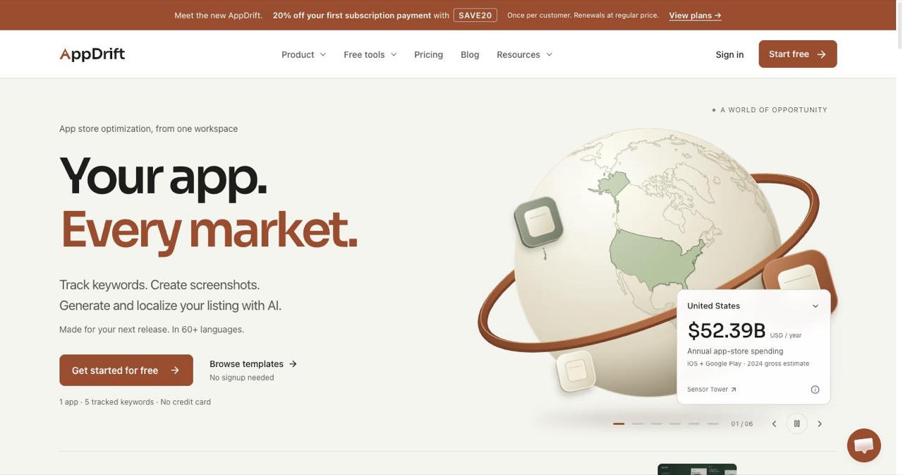 AppDrift homepage showing its free drag-and-drop screenshot canvas editor, unlimited exports with no watermarks, and pay-as-you-go AI translation across more than 40 languages for App Store listings.