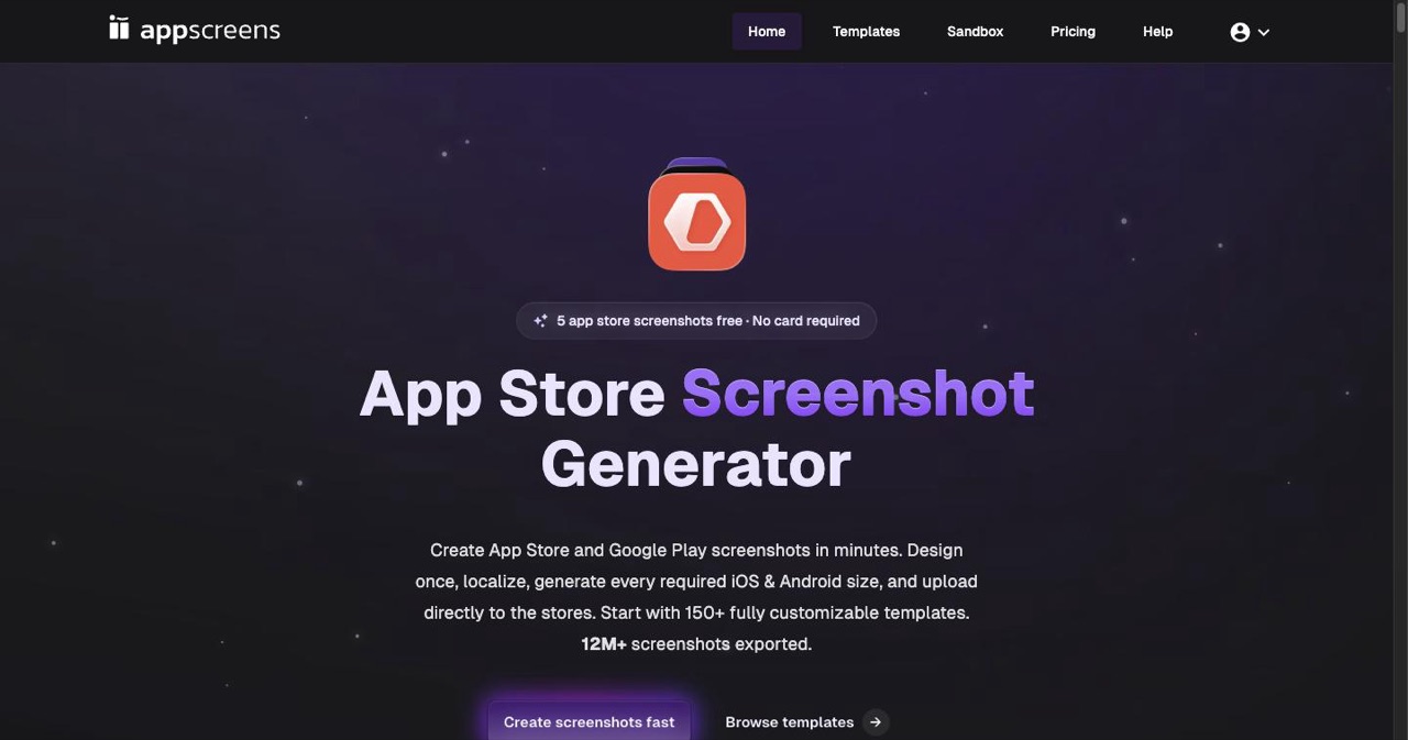 AppScreens homepage, the App Store screenshot generator used by over 70,000 developers, showing device mockups and its one-design-to-every-size pitch with 70+ language localization including RTL.