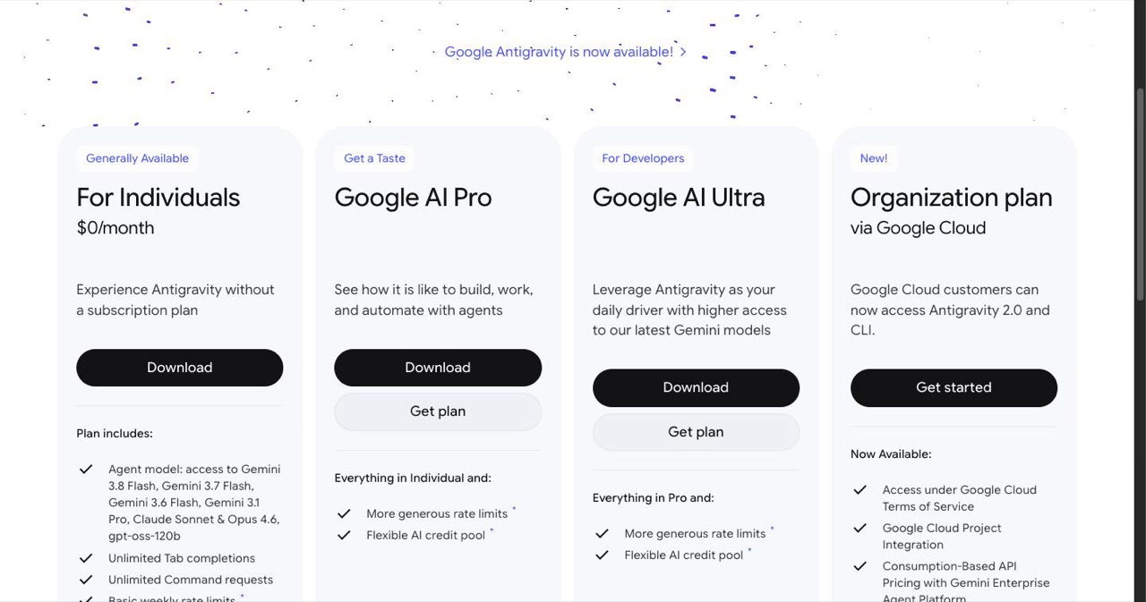 Google Antigravity pricing page with four plan cards: For Individuals at $0 per month, Google AI Pro, Google AI Ultra for developers, and a new Organization plan via Google Cloud with Antigravity 2.0 and CLI