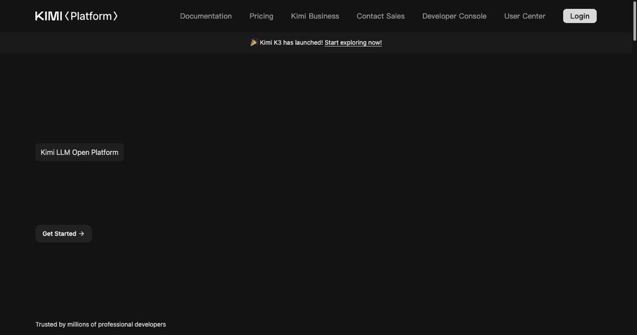 Kimi API Platform homepage at platform.kimi.ai (formerly platform.moonshot.cn) with the Kimi K3 launch banner, Documentation, Pricing and Developer Console links where you create the API key used to connect Kimi to Antigravity