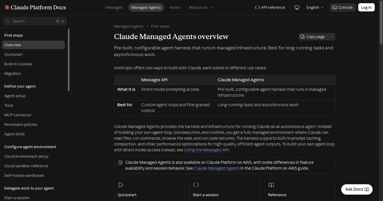 Anthropic Claude Managed Agents documentation overview explaining agents, environments, sessions and events, the four primitives the launch-your-agent skill maps interview answers onto