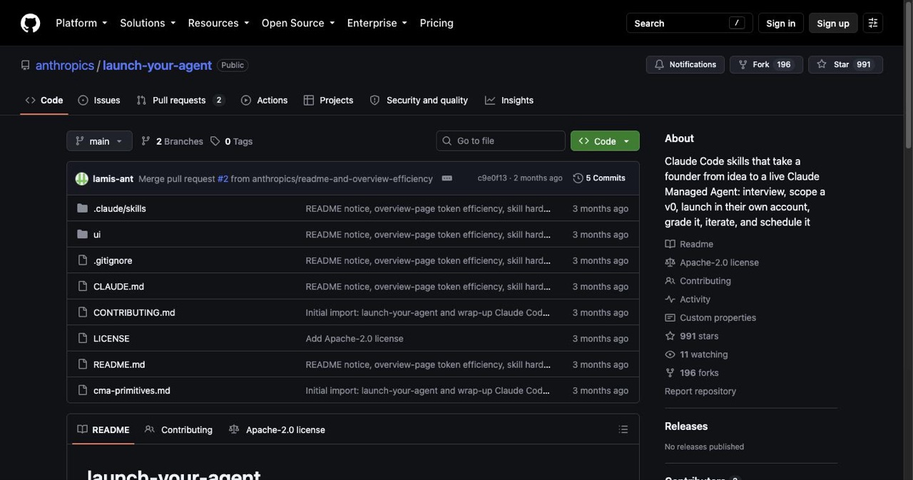 GitHub repository page for anthropics/launch-your-agent showing the Apache 2.0 Claude Code skill that takes a founder from interview to a deployed Claude Managed Agent in one session