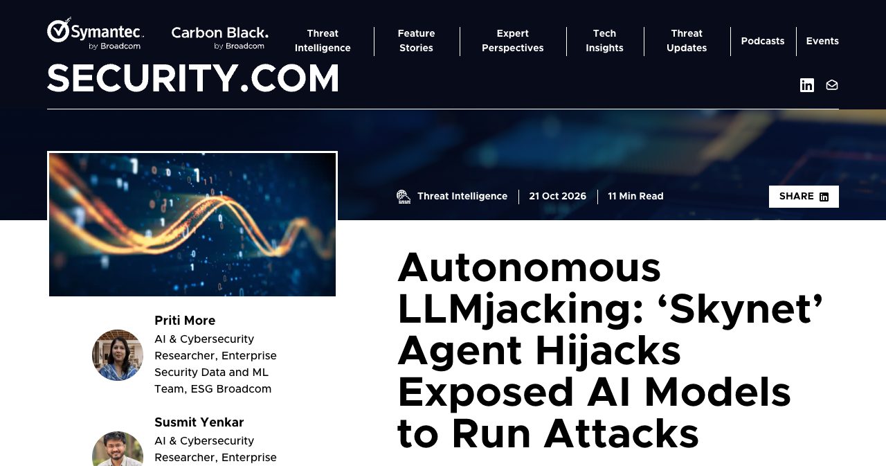 Security.com report page for Symantec's October 21, 2026 "Autonomous LLMjacking: Skynet Agent Hijacks Exposed AI Models to Run Attacks," the research that caught the attackers' full jailbreak prompt in an AI honeypot.