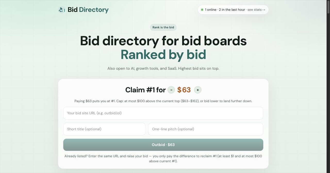 BidDirectory.lol homepage, the meta directory by Damon Chen that ranks other .lol bidding boards by bid amount, listing dozens of outbid.lol clones in a single leaderboard