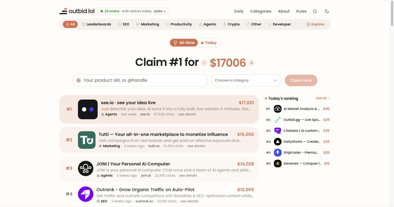 Outbid.lol homepage showing the pay-to-rank leaderboard: startup listings sorted by bid amount with the top spot and its dollar figure displayed publicly, plus the $2 minimum bid call to action