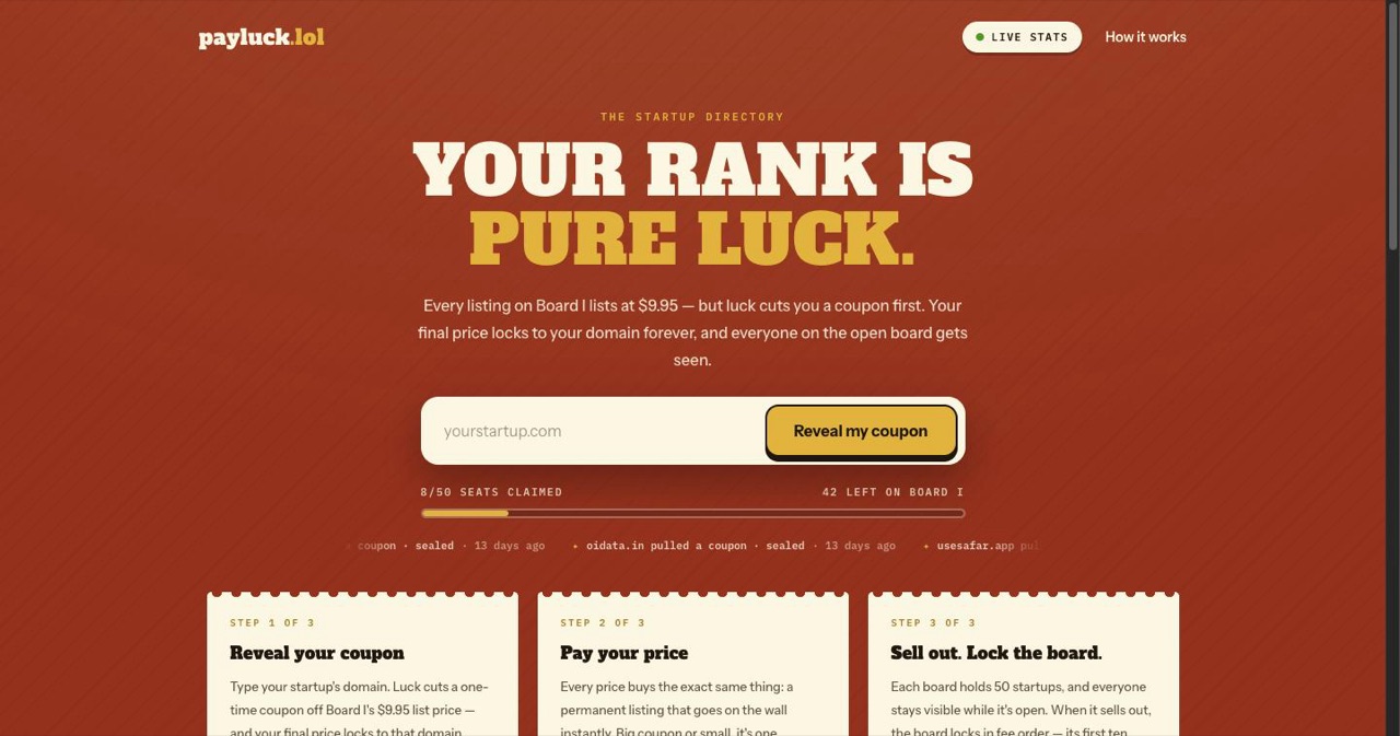 Payluck.lol homepage showing the luck-based directory: a $9.95 list price with a random coupon reveal before payment and a numbered board of 50 listing seats that locks when full