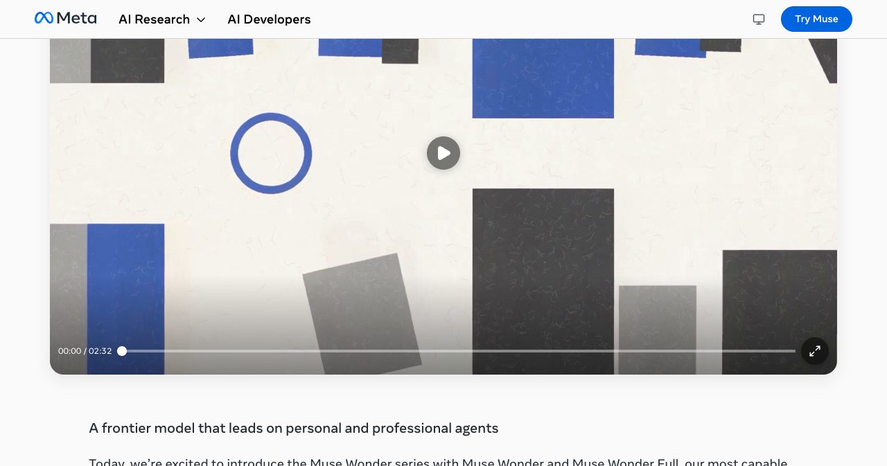 Meta's official Muse Wonder launch post on research.meta.ai, where the company claims frontier-level performance and introduces Active Memory as the model's headline capability.