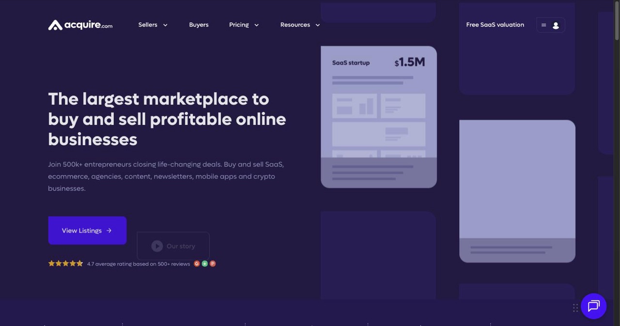 Acquire.com homepage, the dominant marketplace for micro-exits above $50,000, showing its startup acquisition marketplace pitch and entry points for founders listing a SaaS business and for buyers browsing deals.