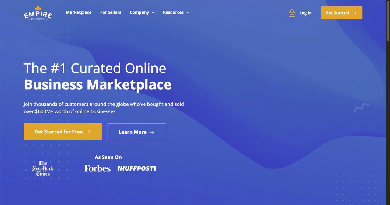 Empire Flippers marketplace page listing online businesses for sale with revenue, profit and multiple figures, the platform the guide recommends for no-code and hybrid products built on Bubble, Webflow or Airtable.