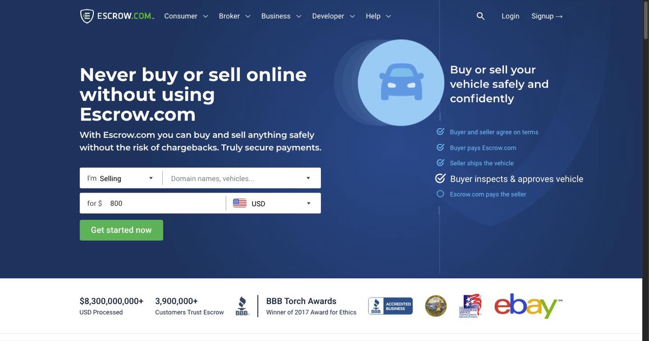 Escrow.com homepage explaining its buyer and seller protection flow for online transactions, the escrow service the guide calls the gold standard for holding micro-acquisition funds until asset transfer is confirmed.