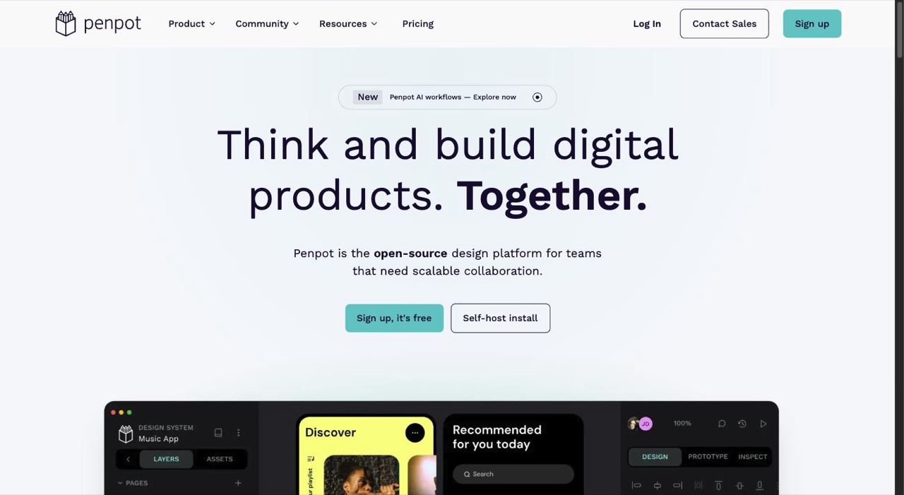 Penpot homepage presenting the open source design and prototyping platform, the alternative plugin ecosystem the post suggests alongside Figma for distributing a Generative UI Canvas product