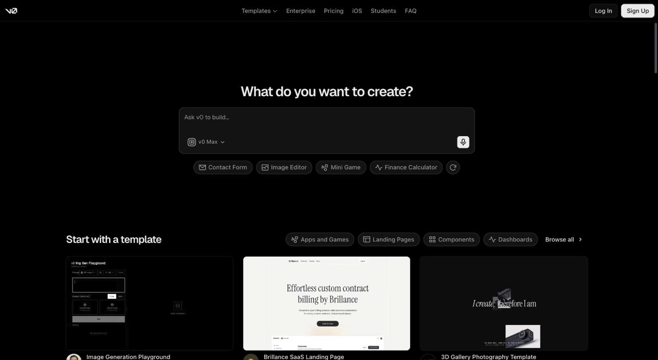 v0 by Vercel homepage showing its AI interface generation tool that turns prompts into React components, one of the no-code prototyping options recommended for building these design micro SaaS products