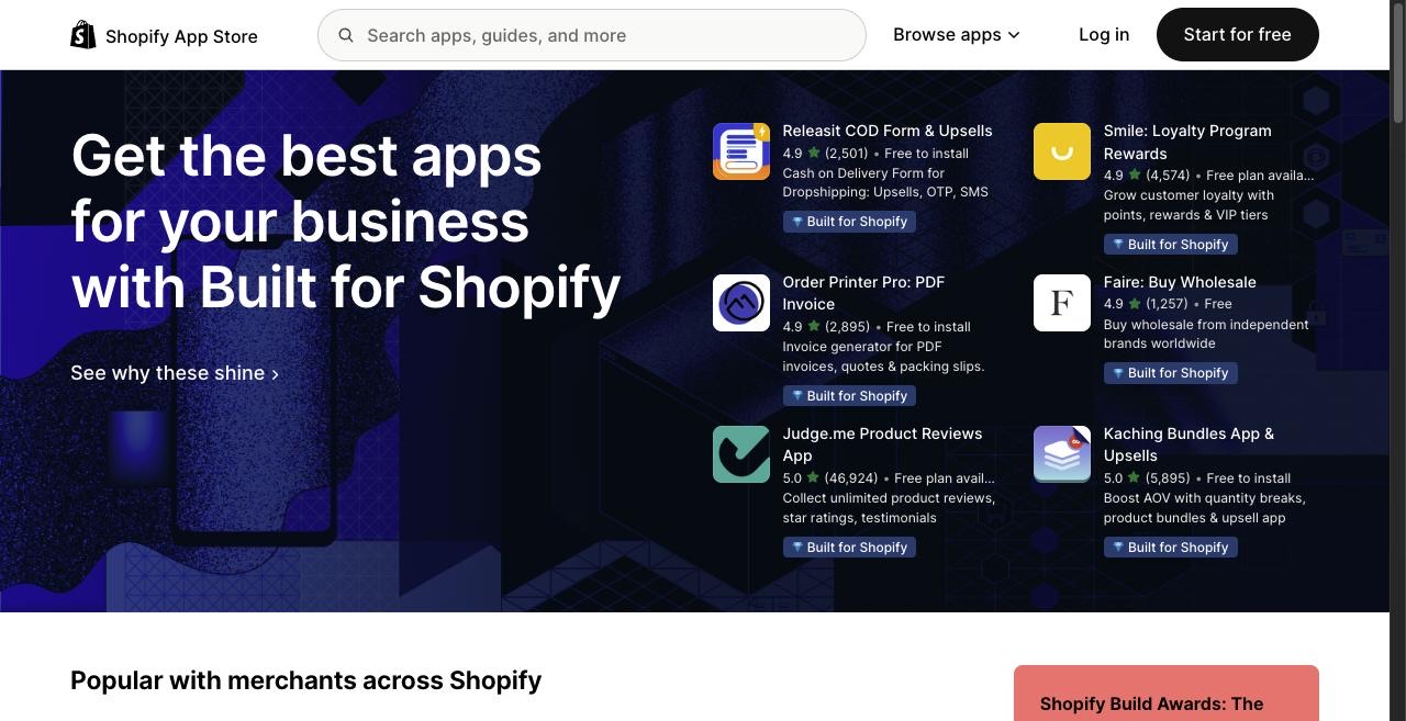 Shopify App Store listing page showing merchant-facing app discovery and categories, the built-in distribution channel recommended for the e-commerce review analytics and auto-response engine idea