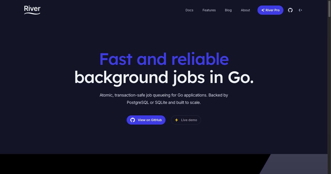 River homepage, the Go and Postgres job queue built by Brandur Leach, showing the product positioning and the River Pro plan used in the post as the worked example of pricing viability