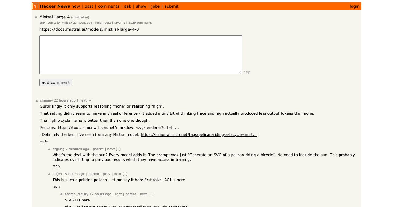 Hacker News front-page thread on Mistral Large 4 showing 1,894 points and 1,139 comments in under a day, including discussion of the model's reasoning-mode limitations